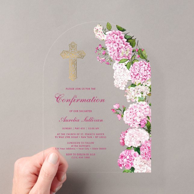 Pink Hydrangea Arch Confirmation Acrylic Invitations (Insitu (Handheld))