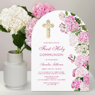 Pink Hydrangea Arch First Communion Invitation