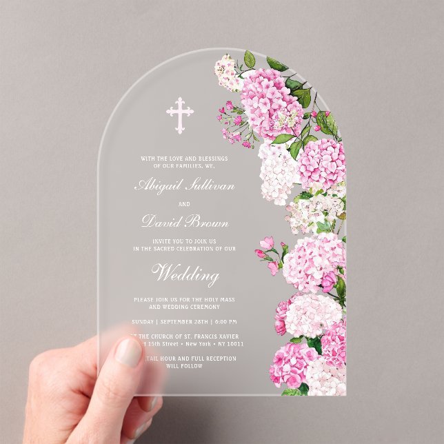 Pink Hydrangea Arch Wedding Acrylic Invitations (Insitu (Handheld))