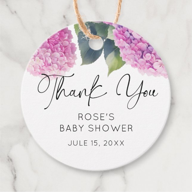 Pink Hydrangea Baby Shower Favour Tags (Front)
