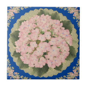Pink Hydrangea Blooms Floral blue Ceramic Tile
