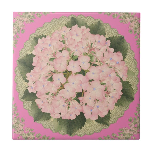 Pink Hydrangea Blooms Floral Pattern Ceramic Tile (Front)