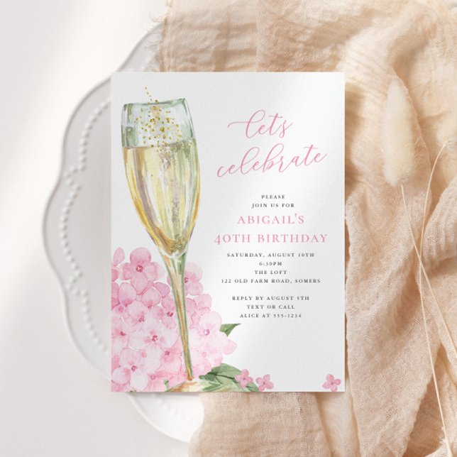Pink Hydrangea Blooms Let's Celebrate Invitation (Creator Uploaded)
