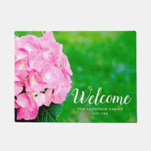 Pink Hydrangea Blossom Personalized Doormat