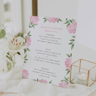 Pink Hydrangea Border Wedding Menu Pedestal Sign