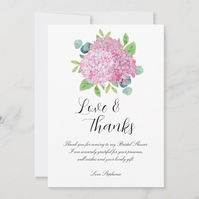 Pink Hydrangea Botanical Bridal Shower Thank You Card (Front)