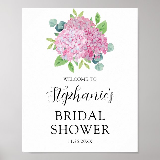 Pink Hydrangea Botanical Bridal Shower Welcome Poster (Front)