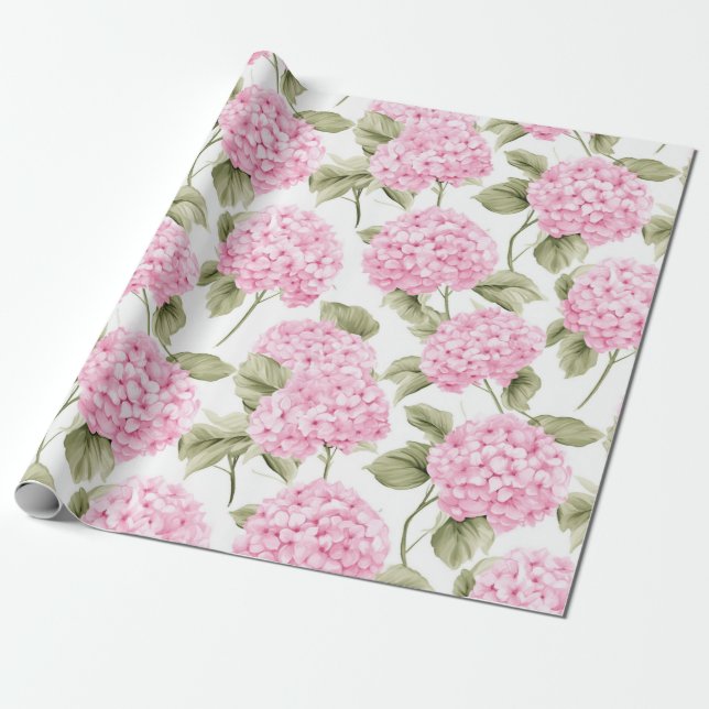 Pink Hydrangea Botanical Gift Wrap (Unrolled)