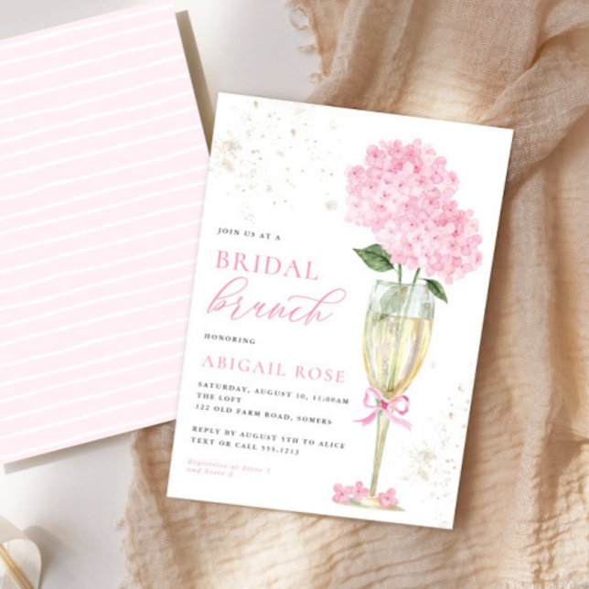 Pink Hydrangea Bridal Brunch Gold Champagne Invitation (Creator Uploaded)