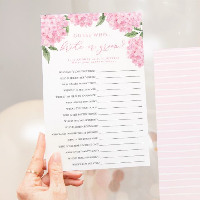 Pink Hydrangea Bride or Groom Paper Game Card (Creator Uploaded)