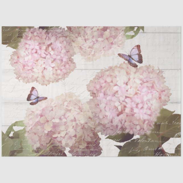 Pink Hydrangea Butterfly Flower Floral Script Art  Tissue Paper (Front)