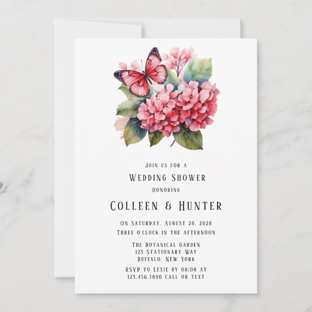Pink Hydrangea Butterfly Wedding Shower Invitation (Front)
