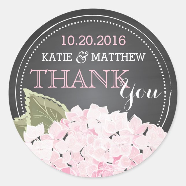 Pink Hydrangea Chalkboard Modern Thank You Label (Front)