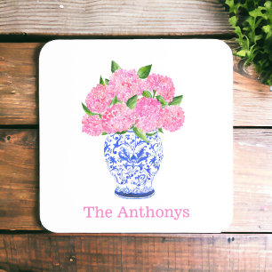 Pink Hydrangea Chinoiserie Personalised Coaster