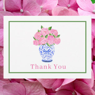 Pink Hydrangea Chinoiserie Thank You Green Border Card