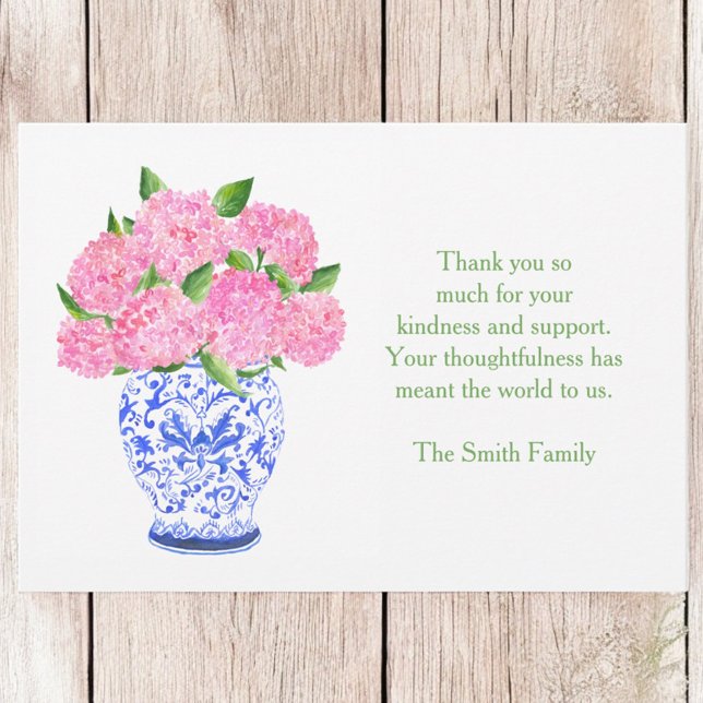 Pink Hydrangea Chinoiserie Vase Sympathy Thank You Card (Creator Uploaded)