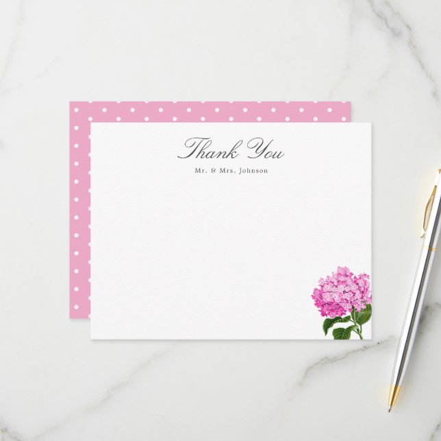 Pink Hydrangea Custom Name Thank You Flat Card (Front/Back In Situ)