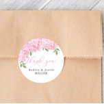 Pink Hydrangea Customised Wedding Favour Classic Round Sticker<br><div class="desc">This beautiful design features watercolor hydrangea flowers and your custom text.  Use the template to fill in your information.  The "Customise further" feature can be used to change the font (size,  style,  colour),  add more lines of text or change the layout.</div>