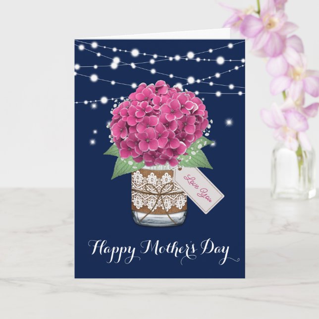 Pink Hydrangea Cute Rustic Blue Mother's Day Card (Orchid)