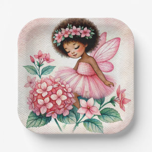 Pink Hydrangea Fairy Black Girl Watercolor Paper Plate