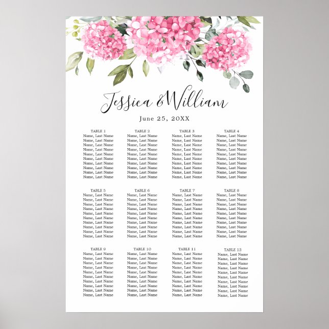 Pink Hydrangea Floral 12 Tables SEATING CHART (Front)