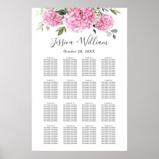 Pink Hydrangea Floral 16 Tables SEATING CHART (Front)