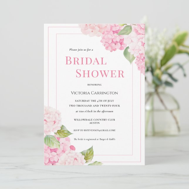 Pink Hydrangea Floral Bridal Shower Invitation (Standing Front)