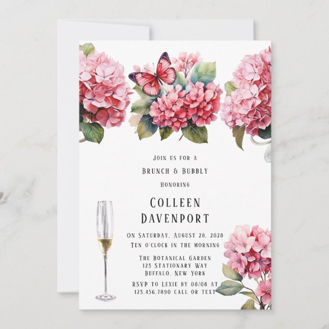 Pink Hydrangea Floral Butterfly Brunch & Bubbly Invitation (Front)