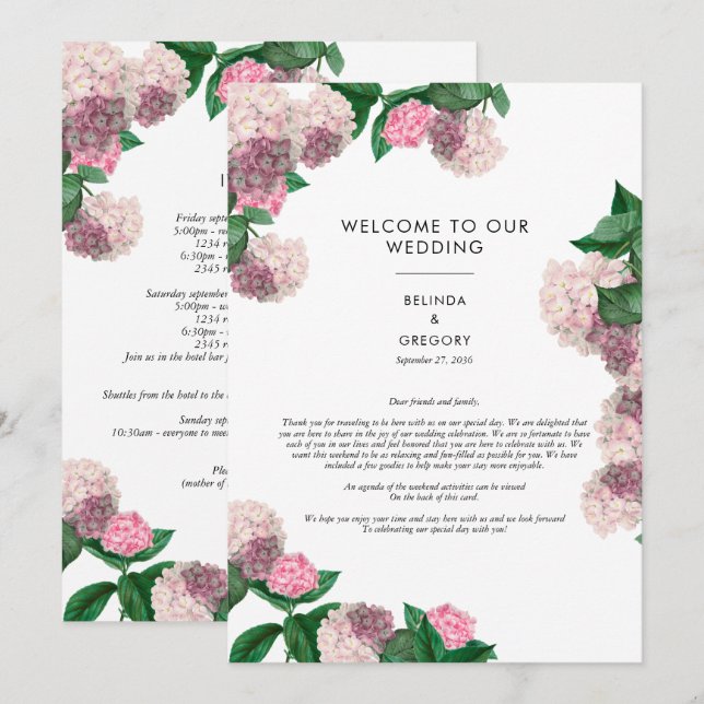 Pink Hydrangea Floral Greenery Wedding Itinerary  Programme (Front/Back)