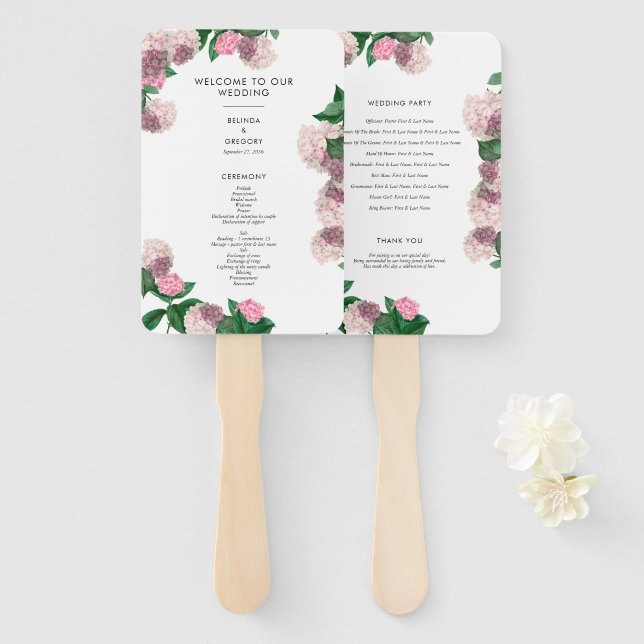 Pink Hydrangea Floral Greenery Wedding Program Hand Fan (Front and Back)