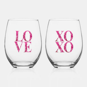 Pink Hydrangea Floral Lettering LOVE, XOXO Couple Stemless Wine Glass