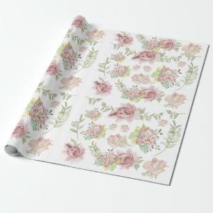 Pink Hydrangea Floral Watercolor Blush Roses Sage Wrapping Paper