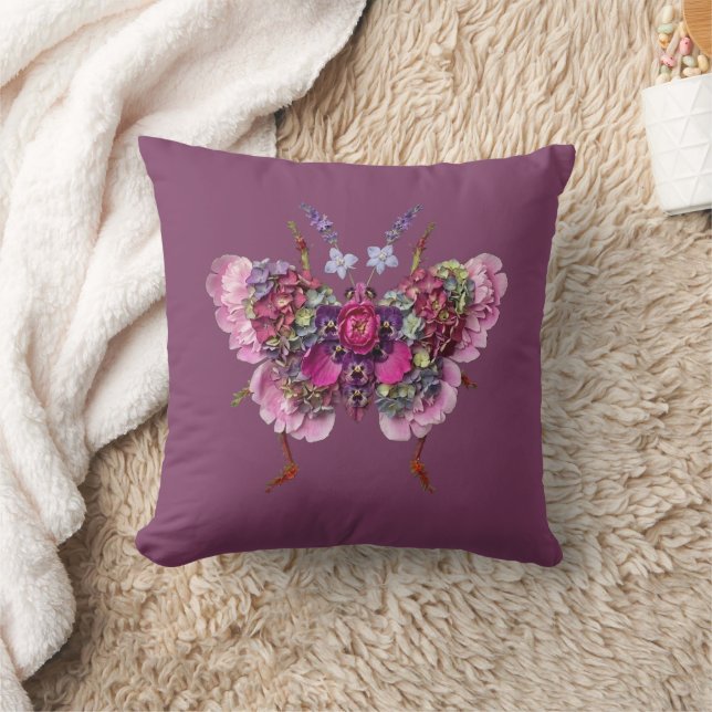 Pink Hydrangea Flower Butterfly Collage Cushion (Blanket)