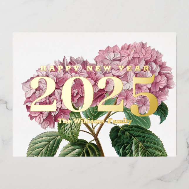 Pink Hydrangea Flower Happy New Year 2025 Gold Foil Holiday Postcard (Front)