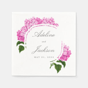 Pink Hydrangea Flower Names and Wedding Date Napkin