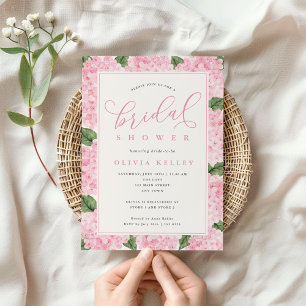 Pink Hydrangea Flowers Calligraphy Bridal Shower Invitation
