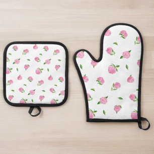 Pink Hydrangea Flowers Floral Oven Mitt & Pot Holder Set
