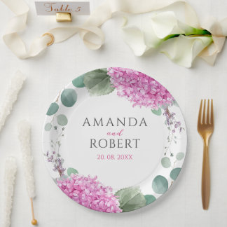 Pink Hydrangea Flowers Watercolor Elegant Wedding Paper Plate