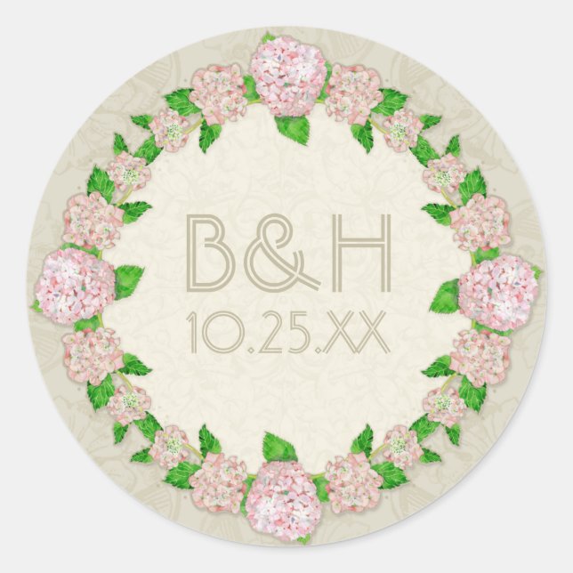 Pink Hydrangea Lace Floral Formal Elegant Weddings Classic Round Sticker (Front)