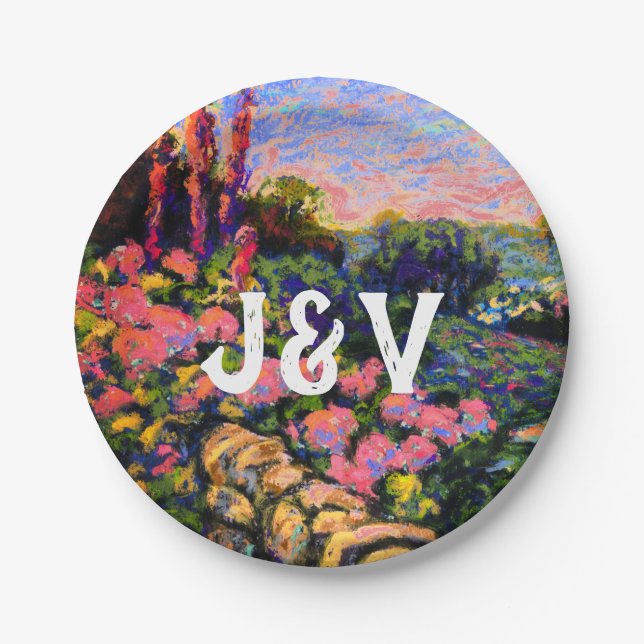 Pink Hydrangea, lush garden & Initials Paper Plate (Front)