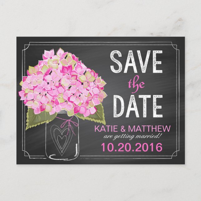 Pink Hydrangea Mason Jar Chalkboard Save the Date Announcement Postcard (Front)