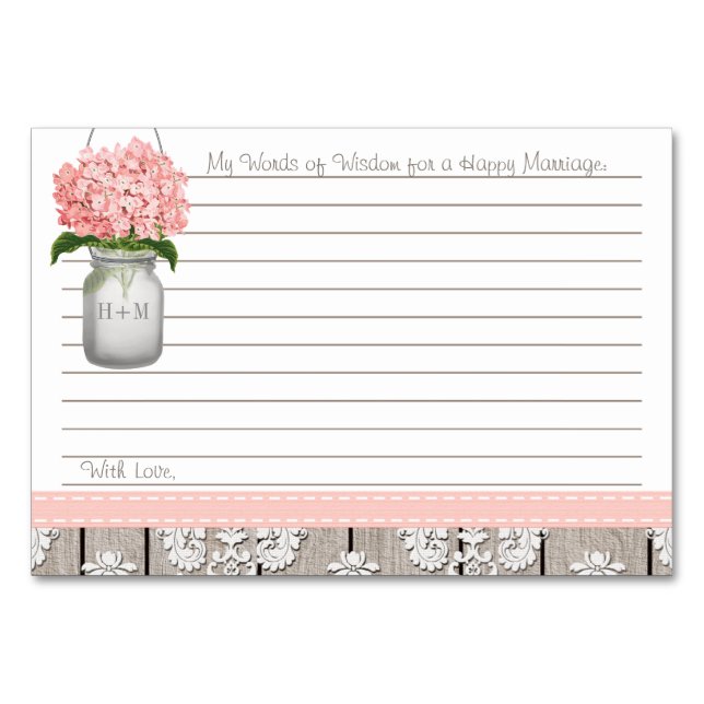 Pink Hydrangea Mason Jar Words of Advice Table Number (Front)