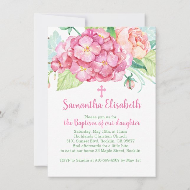 Pink hydrangea & peony Girl Baptism Invitation (Front)