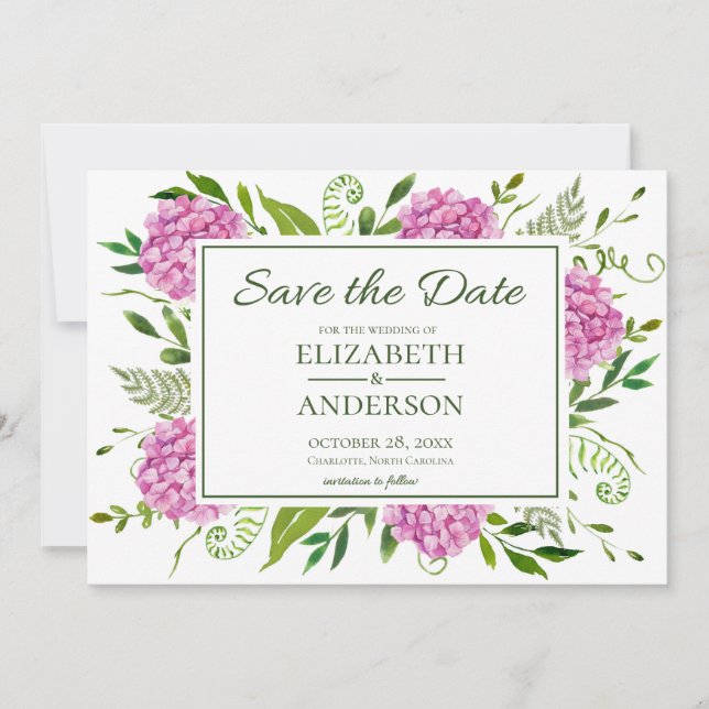Pink Hydrangea Photo Save The Date (Front)