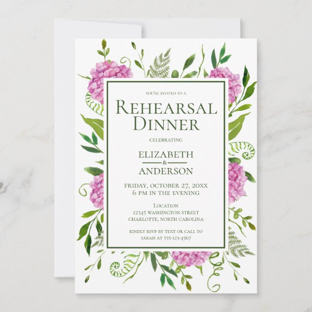 Pink Hydrangea Rehearsal Dinner Invitation (Front)