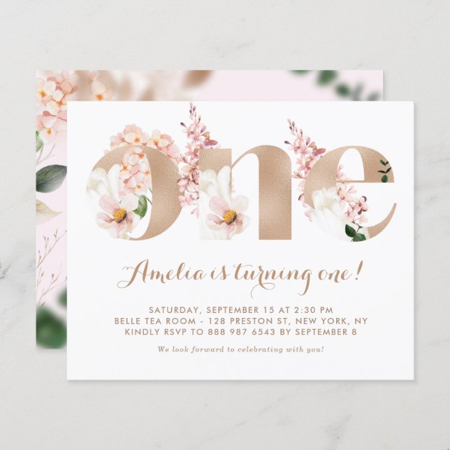 Pink Hydrangea Rose Gold First Birthday Invitation (Front/Back)