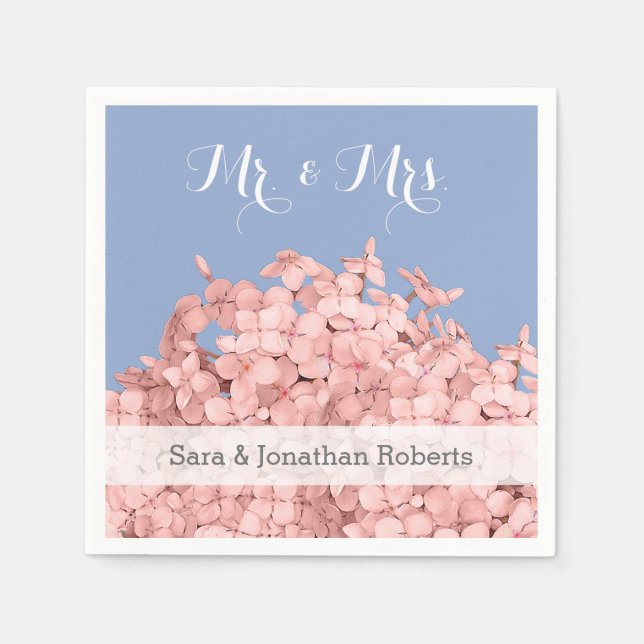 Pink Hydrangea Serenity Blue Personalised Wedding Napkin (Front)