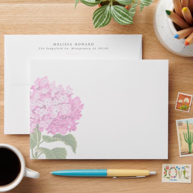 Pink Hydrangea Stationery or Invitation  Envelope (Desk)