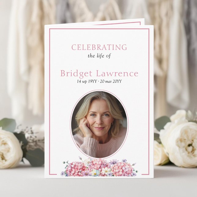 Pink hydrangea summer flowers funeral folded programme (Creator Uploaded)