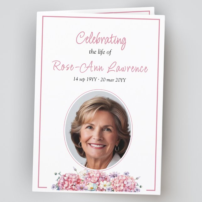 Pink hydrangea summer flowers funeral folded programme (Creator Uploaded)